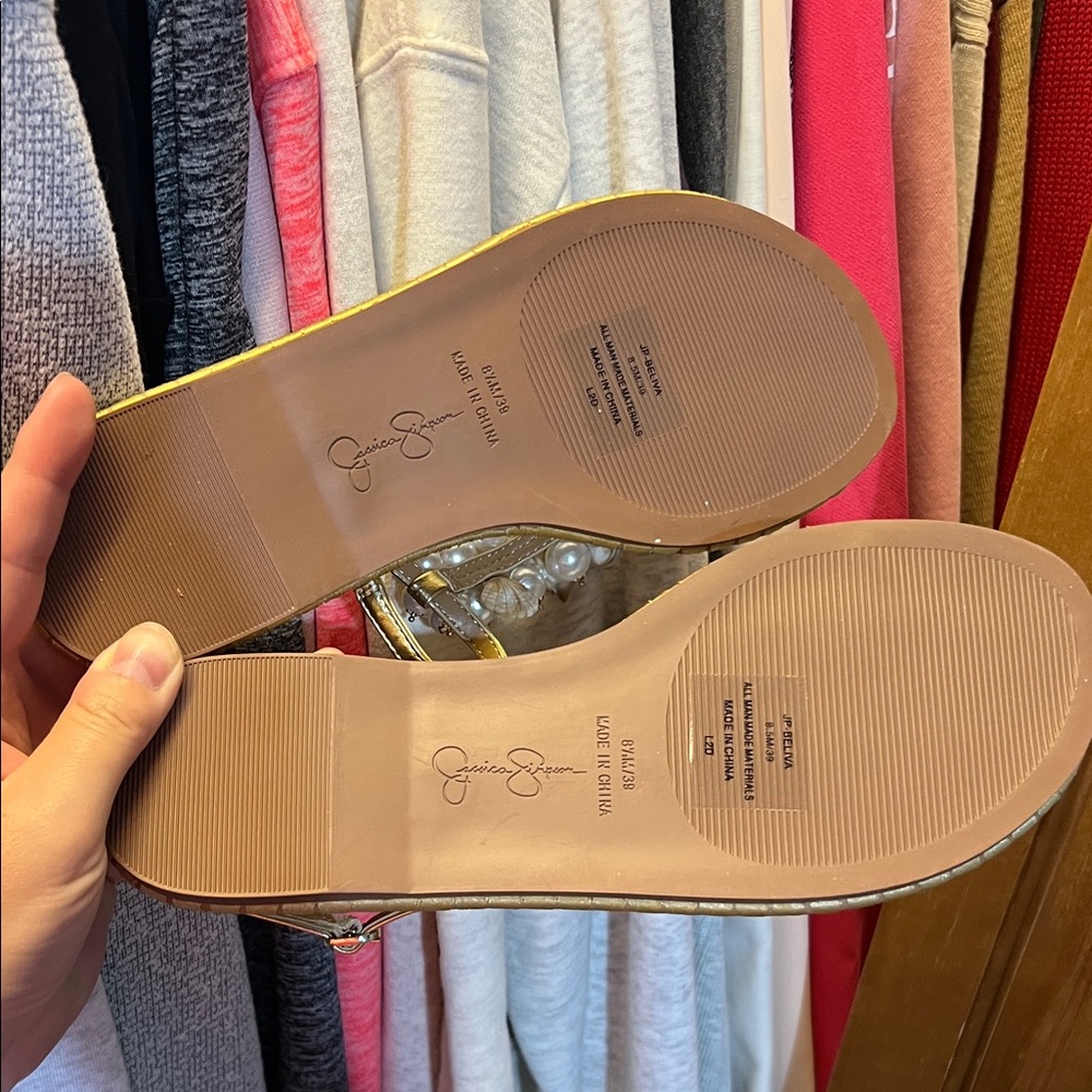 Jessica Simpson Gold T-Strap Sandals with Pearl & Shell Accents - Picture 4 of 5
